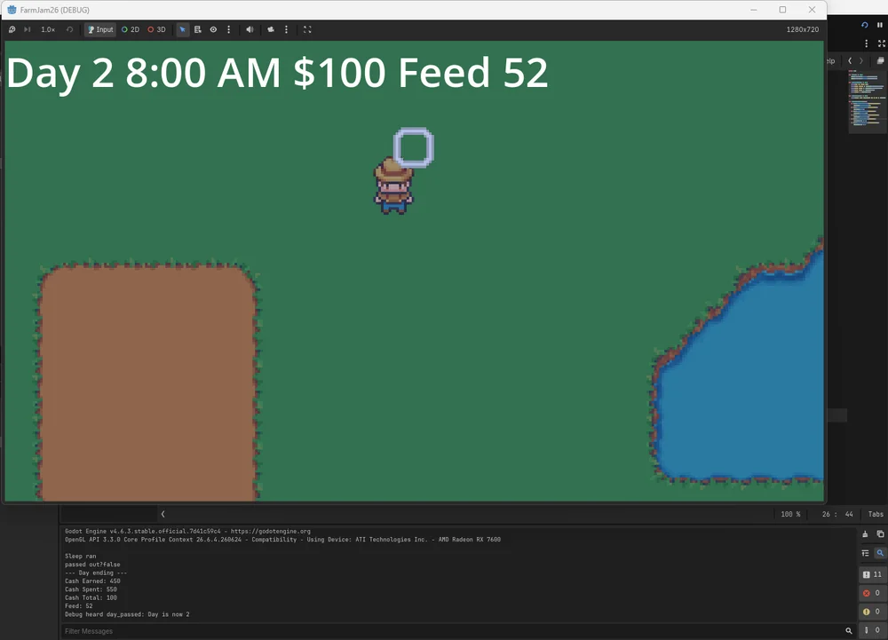 Showing an in progress shot of a FarmJam game within Godot, specifically the debug UI showing day, time, cash, and feed count.