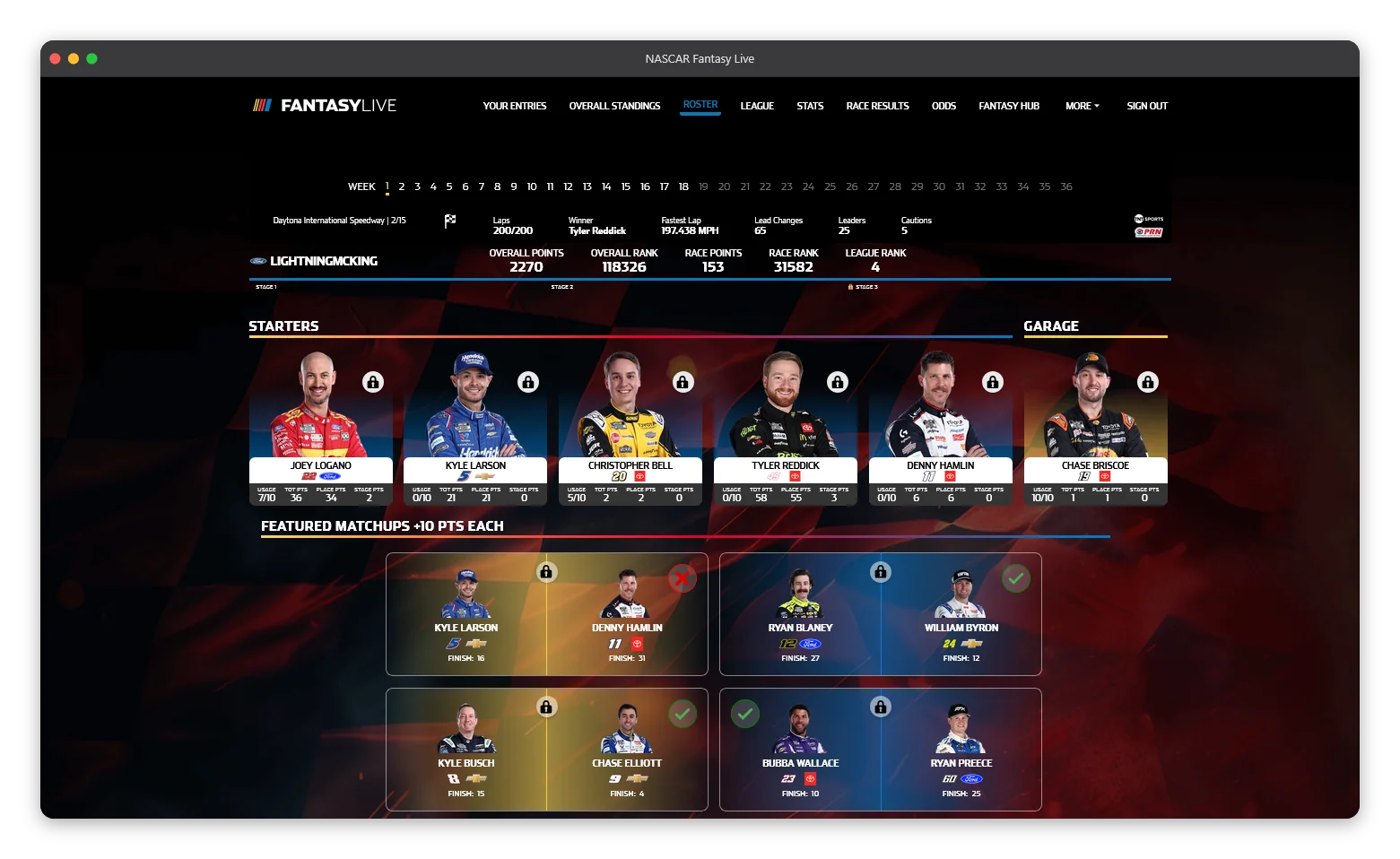 NASCAR Fantasy Live's roster and featured matchups page
