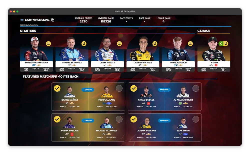 NASCAR Fantasy Live roster and featured matchups view, zoomed in closer for easier visibility