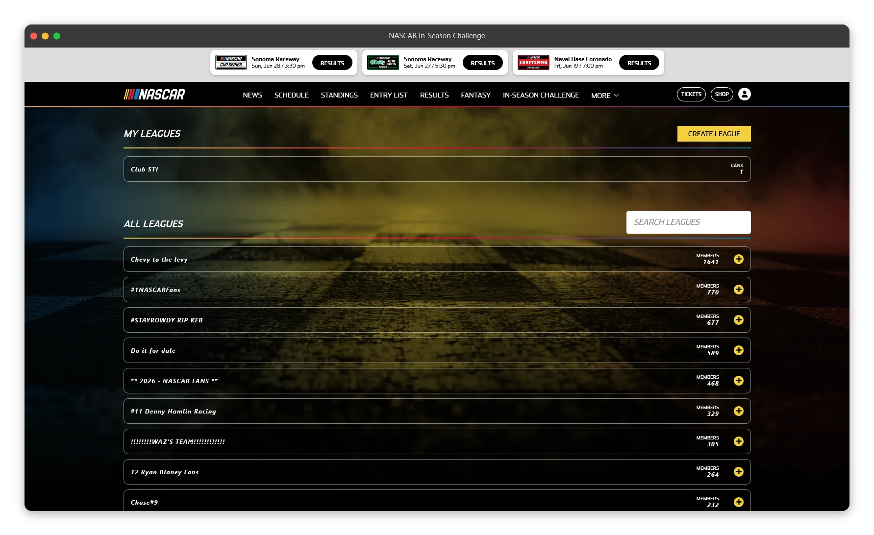 Exterior Leagues page showing leagues you're a member of and a list of all leagues.