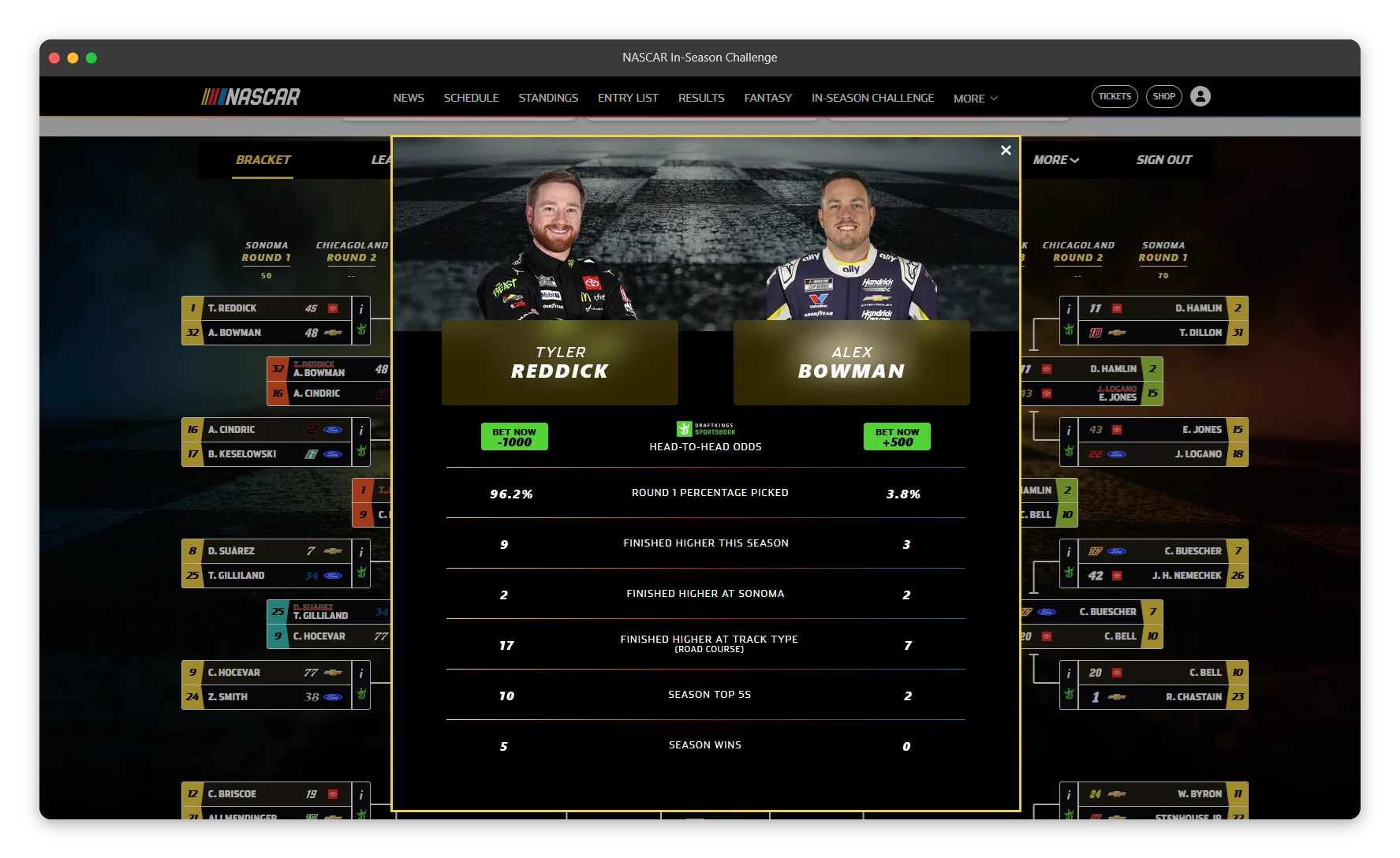 Matchup modal view showing side-by-side driver stats for that round.