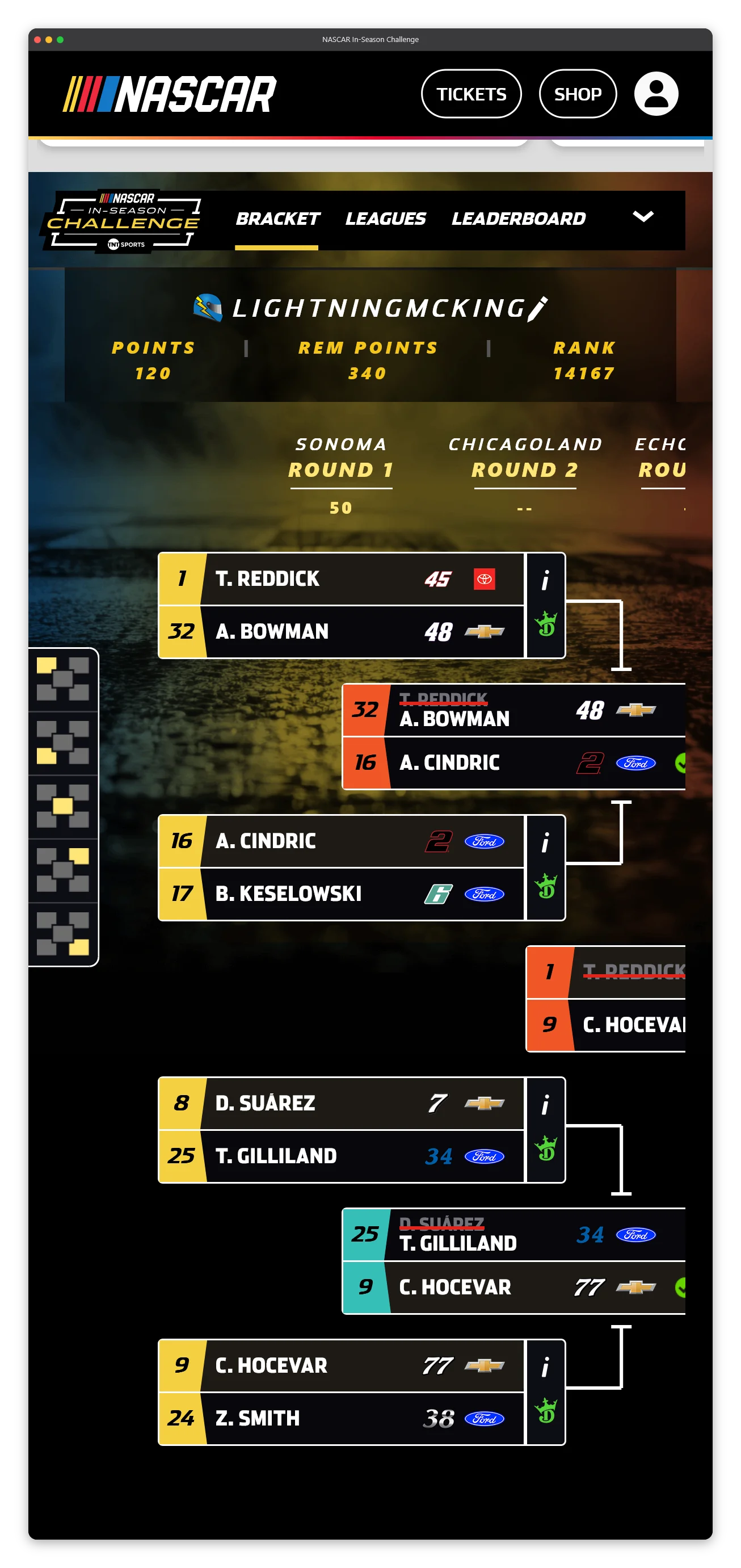 Mobile bracket view showing the mobile navigation on the left side.