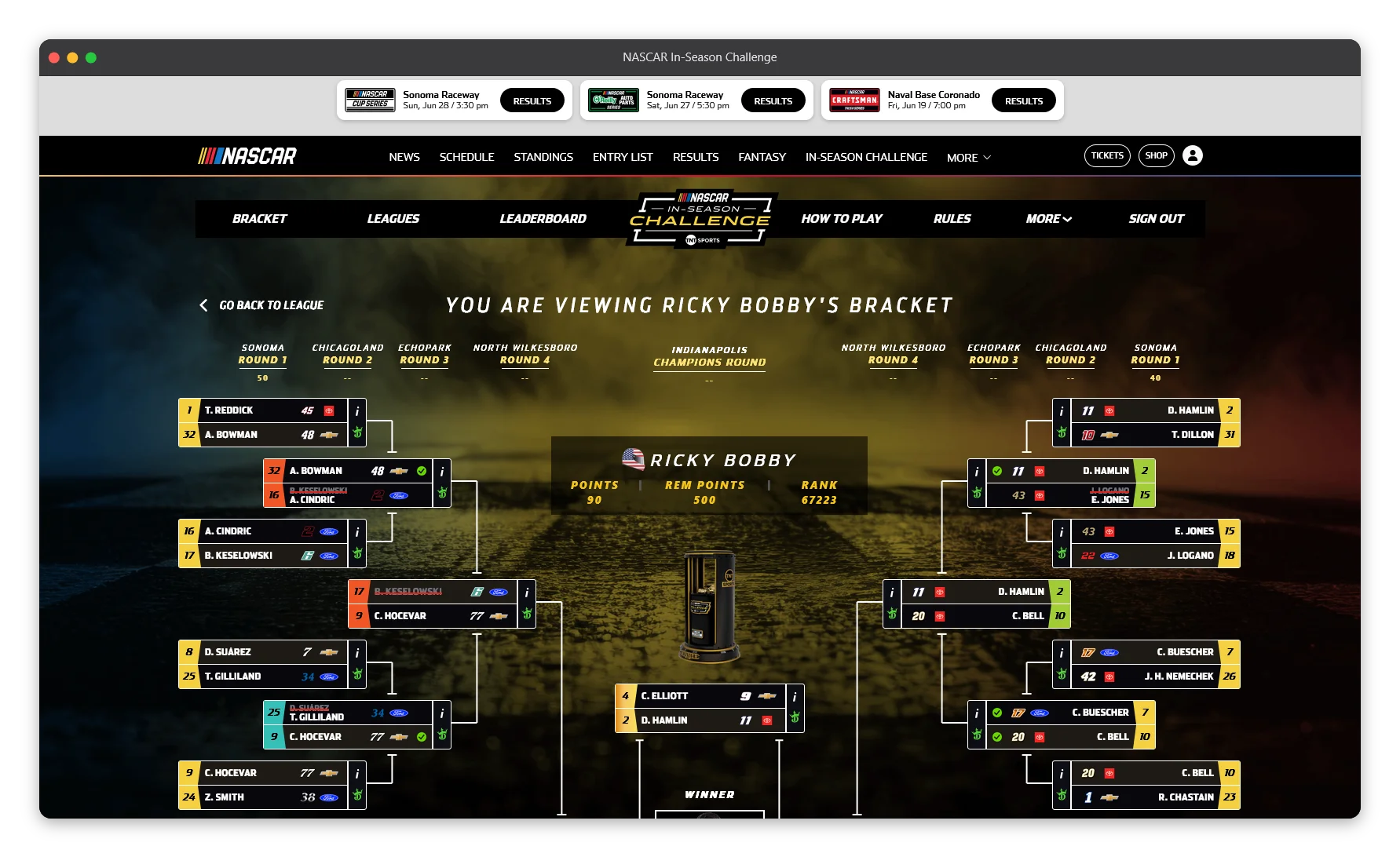 Viewing another individuals bracket, this shows who's bracket you're viewing with a quick back link to the page you were on before clicking on the user.