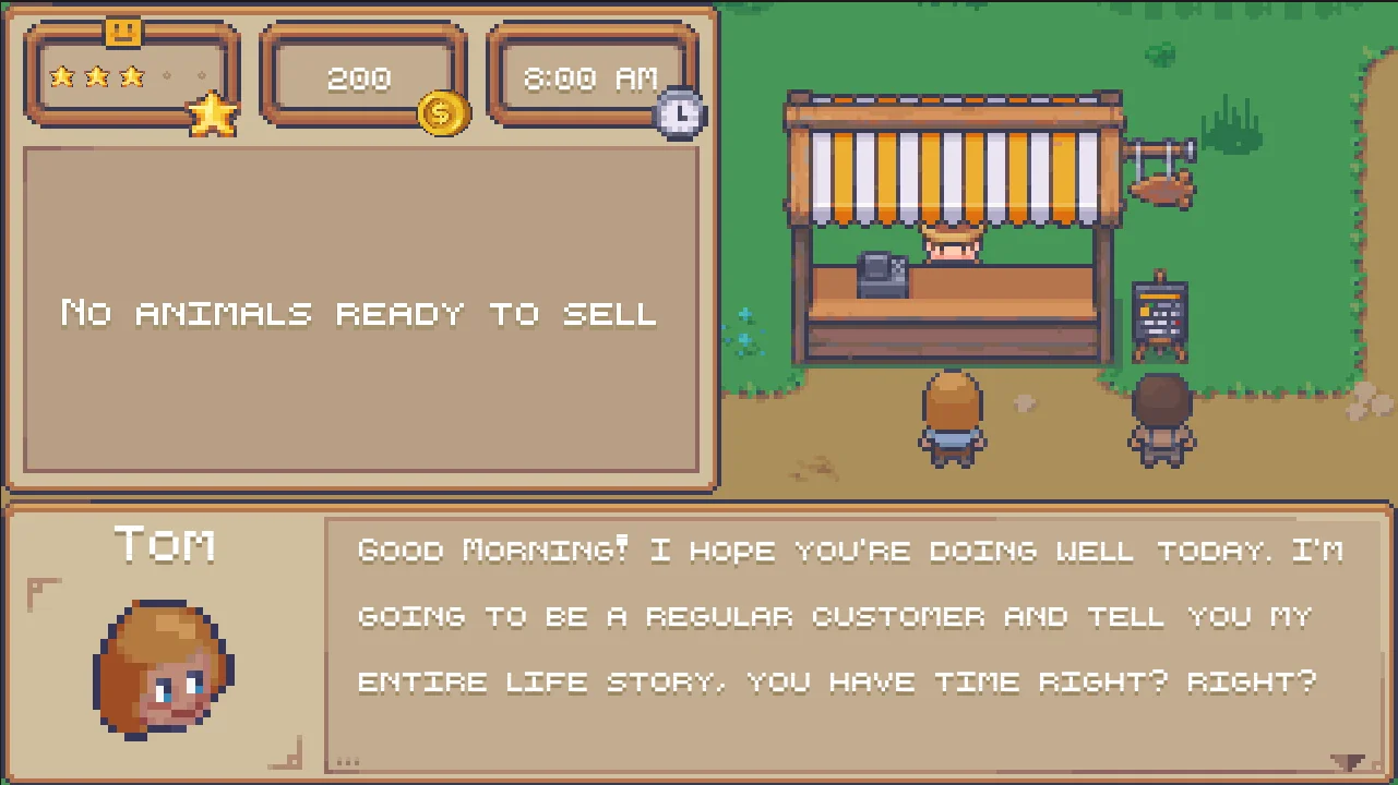 Testing the Market scene, shop inventory display, and dialogue all working together.