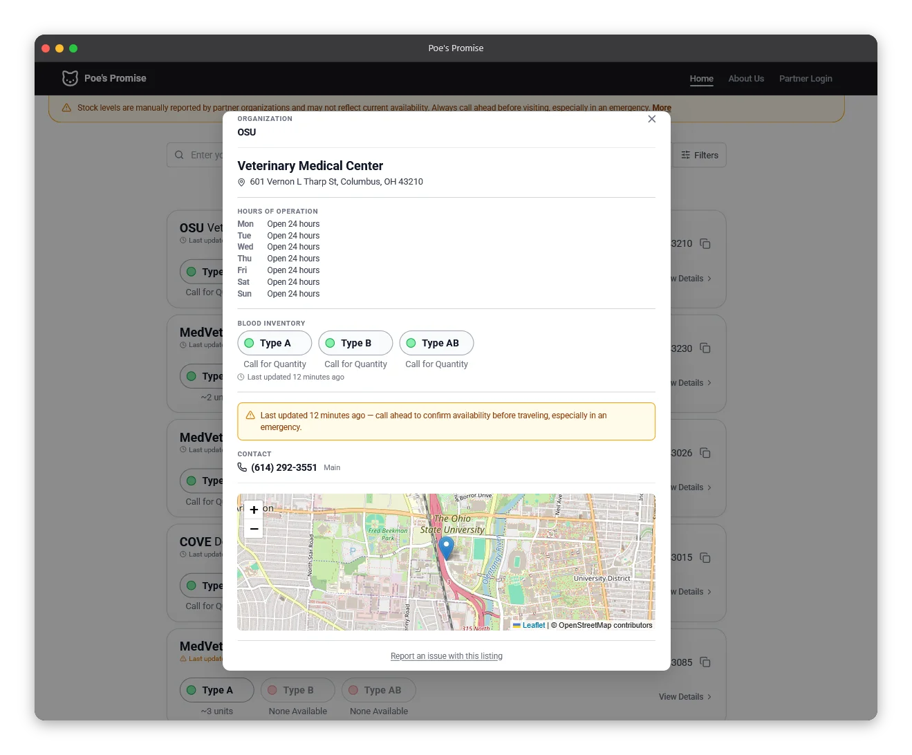 A modal that displays more location details such as hours, additional contact information, notes from the location for pet parents, and a map.