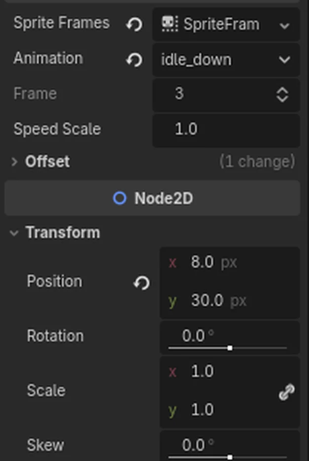 Godot Inspector UI showing the offset and position settings